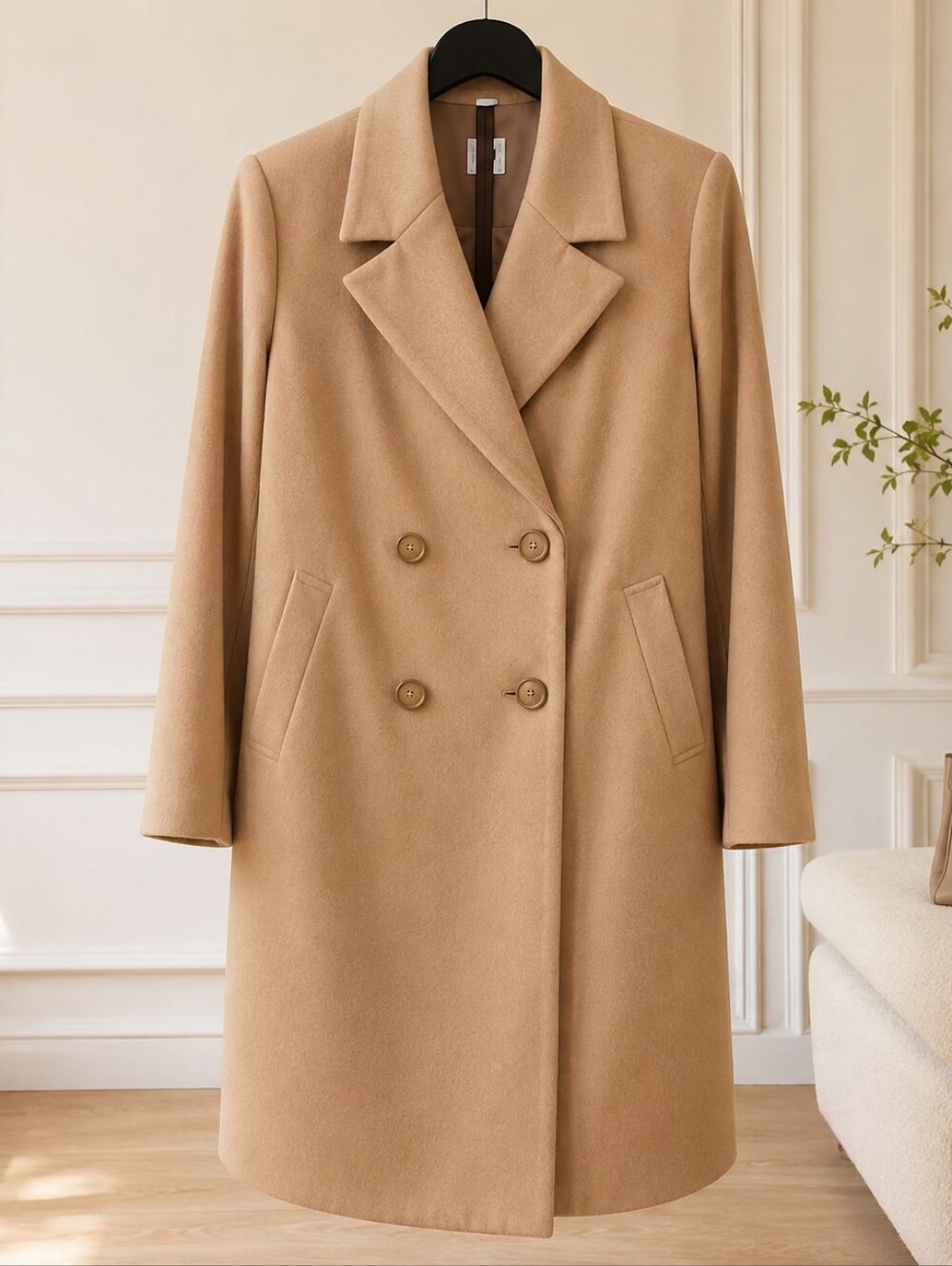 Cabi Camel Wool Blend Coat Double Breasted Classic Knee Length